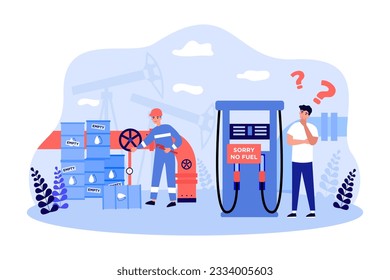 Confused man next to sorry no fuel sign vector illustration. Cartoon drawing of empty oil barrels, no gasoline at gas station due to poor fossil fuel production. Ecology, industry, energy concept