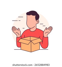 Homem confuso com caixa aberta. Conceito de unboxing ou surpresa.