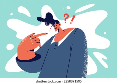 Confused man point at himself suffer from psychological or mental problems. Unhappy guy feel frustrated show with finger at himself. Personal doubt concept. Vector illustration. 