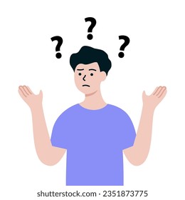 Confused Man with Question Mark Above Head. Boy characters Thinking Gesture. Solving Problem, challenge, solutions concept. Flat vector design illustration.
