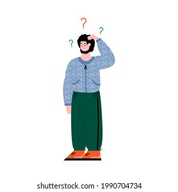 Confused man with question marks floating above his head - male, cartoon character standing and scratching his hair isolated on white background. Vector illustration.