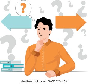 confused man with question marks, person not knowing what decision to make
