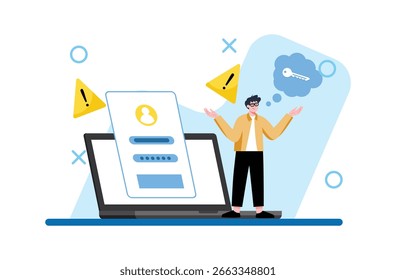 Verwirrter Mann mit erhobenen Händen steht in der Nähe eines Laptops mit einem Passwortfehler, denkt an einen Schlüssel, mit flachen Cartoon-Stil und hellen, vorsichtigen Farben dargestellt, ideal für die Illustration der Cybersicherheit