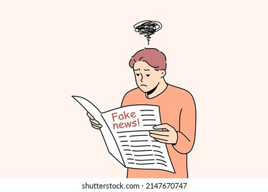 Confused man reading newspaper feeling unsure about news. Skeptical doubtful guy unhappy about disinformation and propaganda in printed media. Vector illustration. 