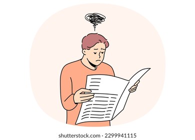 Confused man reading newspaper feeling unsure about news. Skeptical doubtful guy unhappy about disinformation and propaganda in printed media. Vector illustration.