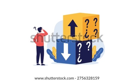 Confused man in a red sweater looks at large blocks with arrows and question marks while trying to make a difficult decision.