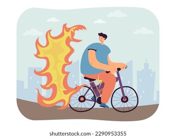 Hombre confundido montando bicicleta eléctrica con batería quemada. Riesgo de accidente mientras se conduce una bicicleta eléctrica, el montaje de un vehículo personal en la ilustración del vector de incendio. Tecnología, peligro, concepto de movilidad