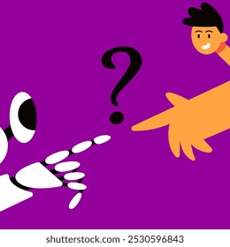 Confused man and robot in doubt, uncertainty. Choice, dilemma, decision making concept. Decision, choosing between options, asking questions, requests. Flat vector illustration.