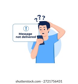 Hombre confundido rascando la cabeza mirando el mensaje de teléfono error de chat no entregado servicio de App se cae