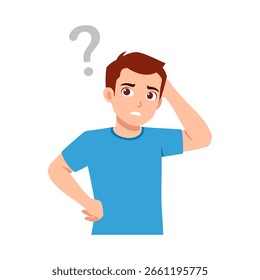 Homem confuso arranhando a cabeça com o ponto de interrogação acima. Postura de pensamento com expressão duvidosa.
