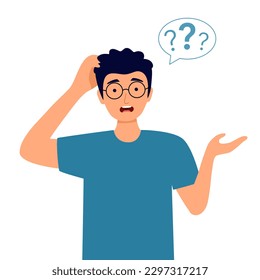 Confused man scratching his head with question mark in flat design on white background.