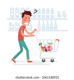 Confused Man Shopping At The Supermarket - Flat Design