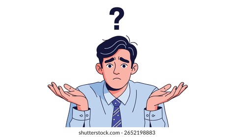 Homem confuso encolhendo os ombros sob uma ilustração de ponto de interrogação
