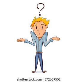 Confused man, shrugging shoulders, vector illustration