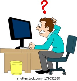 Confused Man Sitting At Computer With Question Mark Above Head
