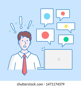 Confused man sitting at the laptop with too many messages, a lot of notifications. Social media feed, spam, direct messages, online chat concepts. Hand drawn style, line design. Vector illustration