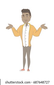 Homem confuso com braços abertos. Comprimento completo de homem afro-americano confuso. Jovem confuso homem encolhendo ombros. Ilustração de desenho animado de vetor isolado no fundo branco.
