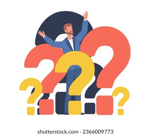 Hombre confuso entre signos de interrogación, concepto de opciones confusas y respuestas complicadas. Resolver problemas, encontrar nuevas oportunidades. Decisión difícil. Ilustración plana de dibujos animados