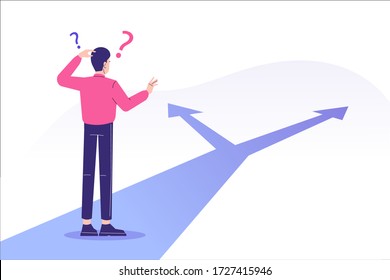 Confused man standing at crossroads. Difficult choice between two options. Decide dilemma. Solve problem. Alternatives or opportunities. Making decision concept. Choose pathway. Vector illustration