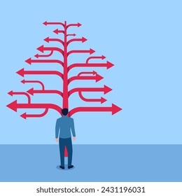 Confused man standing in front of arrows branching out in many directions, illustration for choices.