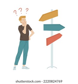 Hombre confuso parado frente a la ruta de señalización escogiendo camino, ilustración vectorial plana aislada en fondo blanco. Carácter con preguntas marcadas sobre la cabeza. Toma de decisiones sobre la elección de la vida.