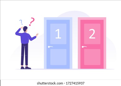 Confused man standing near two doors. Difficult choice between two options. Decide dilemma. Solve problem. Alternatives or opportunities. Making decision concept. Choose pathway. Vector illustration