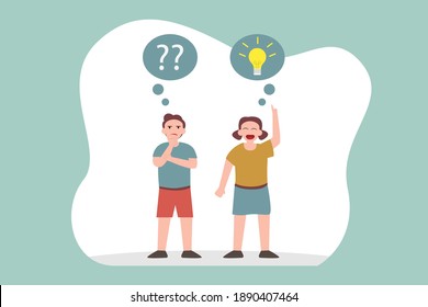 Confused man standing next to a woman with an idea 2D flat vector concept for banner, website, illustration, landing page, flyer, etc.