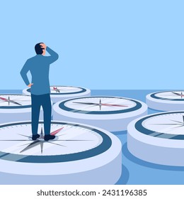 Confused man standing on many compasses pointing in different directions, illustration for choices.