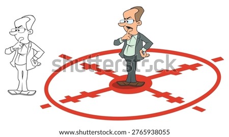 Confused man standing in target. Funny people. Illustration concept for website and mobile website development.