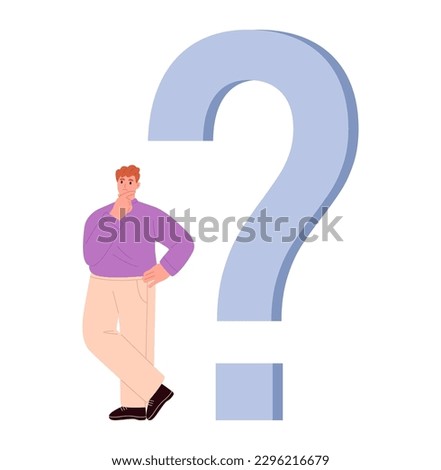 Confused man stands at big question mark. Flat vector illustration isolated on white background
