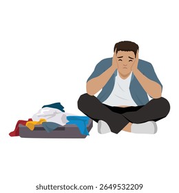 Homem confuso lutando para fazer uma mala. Ilustração de vetor plano isolada no plano de fundo branco
