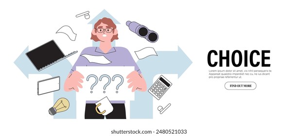 Confused man student at crossroad sign hold question mark think which way to go vector illustration. Decision making, career or educational path, work direction. Choose right way to success concept.