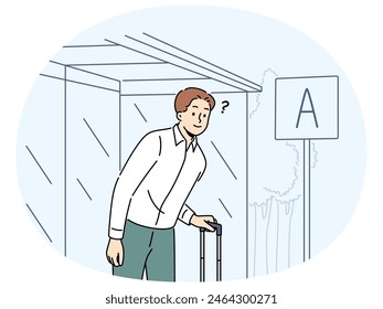 Confused man with suitcase waiting on bus stop for public transport. Frustrated male traveler expect for taxi or tram outdoors. Vector illustration.