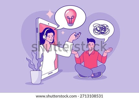 Confused man with tangled thoughts receiving lightbulb solution from woman on smartphone. Concept of online psychotherapy, virtual counseling support, and remote problem solving.