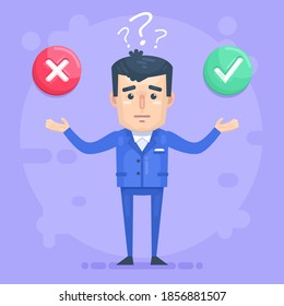 Confused Man Think Accept Or Decline Offer. Make Decision, Hard Question. Modern Vector Illustration