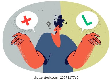 Confused man think of pros and cons solving problem. Pensive male consider fors and againsts making decision. Vector illustration.