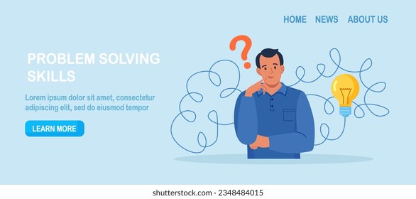 El hombre confundido piensa en la idea, buscando soluciones. La habilidad para resolver problemas, la creatividad para resolver problemas difíciles. Proceso de pensamientos humanos, pensamiento estratégico para crear y desarrollar solución
