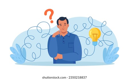 Confused man thinking about idea, finding solutions. Problem solving skill, creativity to solve difficult issue. Human thoughts process, strategic thinking to create and develop solution