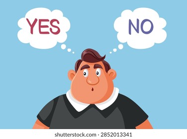 Confused Man Thinking And Choosing Between Yes Or No Options. Vector illustration of a thoughtful cartoon man undecided between choices yes or no inside bubbles