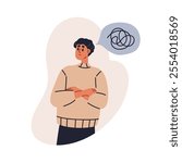 Confused man thinking. Stressed person in problem, troubled puzzled worried anxious emotion. Overthinking, confusion, intrusive thoughts concept. Flat vector illustration isolated on white background