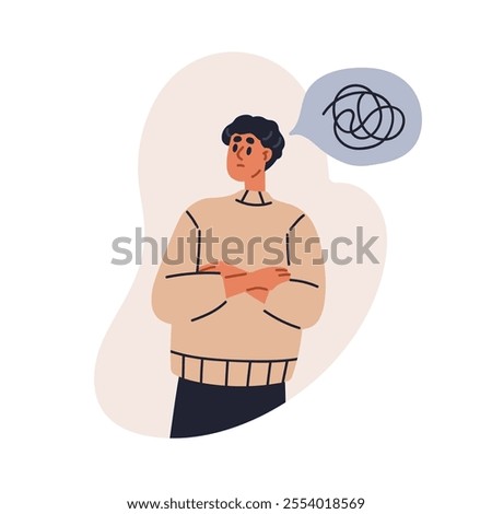 Confused man thinking. Stressed person in problem, troubled puzzled worried anxious emotion. Overthinking, confusion, intrusive thoughts concept. Flat vector illustration isolated on white background