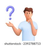 Confused man thinking in a thoughtful pose with question mark. Choice, problem solving concept. 3d vector people character illustration. Cartoon minimal style.