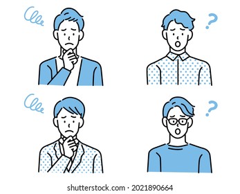 Confused man thinking together. People with question marks vector illustration. Man and woman with question, thinking guy