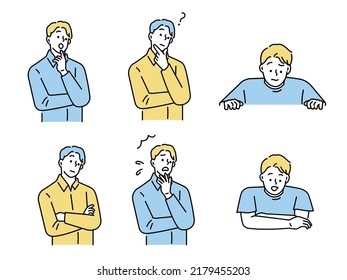 Confused man thinking together. People with question marks vector illustration.