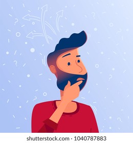 A confused man thinks, trying to find a sulution. Thinking about question or solution concept. Confusing situation vector illustration cartoon. Square layout for web design, print or infographic