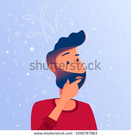 A confused man thinks, trying to find a sulution. Thinking about question or solution concept. Confusing situation vector illustration cartoon. Square layout for web design, print or infographic