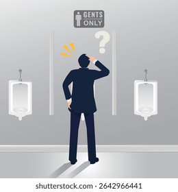 Confused man in the toilet with urinoir graphic design illustration