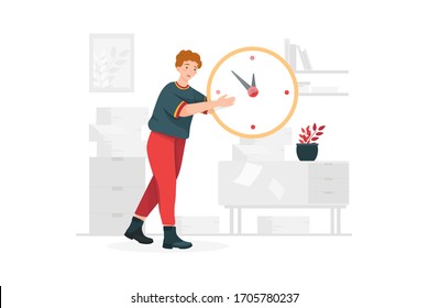 Confused man trying to adjust the big clock. svg
