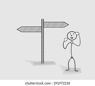 confused man and two different arrows on gray background