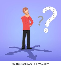 Confused man unable to make up his mind or reach a decision standing with hand to mouth looking up at a large question mark over blue with multi-directional arrows at his feet, vector illustration